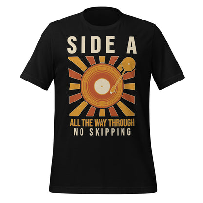 Side A No Skipping vinyl record tee — Black, front