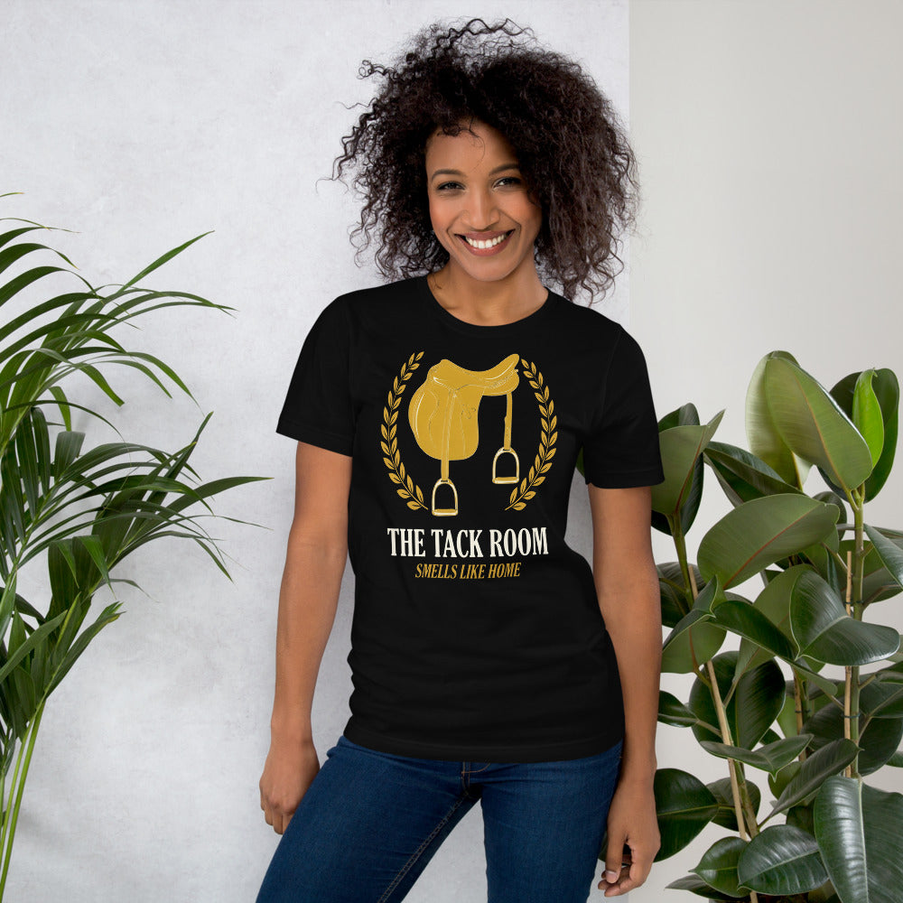 The Tack Room engraved equestrian saddle crest t-shirt — Black, on model