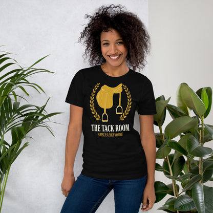 The Tack Room engraved equestrian saddle crest t-shirt — Black, on model