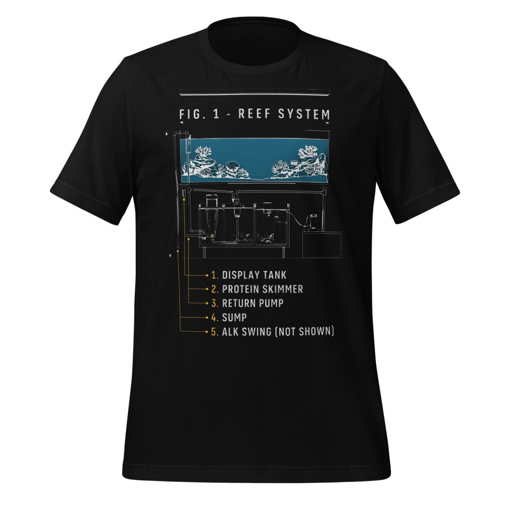 Reef System technical cutaway saltwater aquarium t-shirt — Black, front