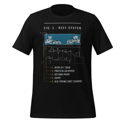 Reef System technical cutaway saltwater aquarium t-shirt — Black, front