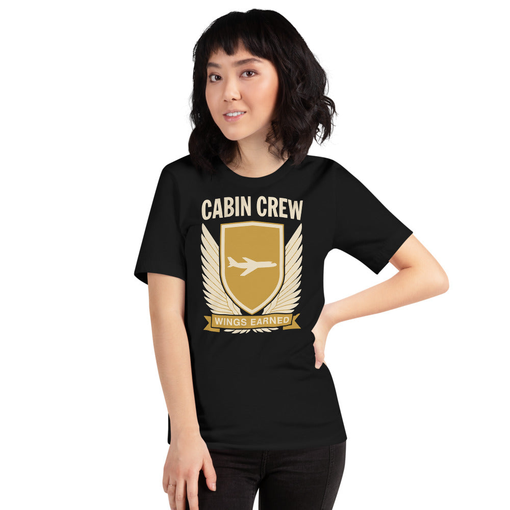 Wings Earned flight attendant tee — Black, on model