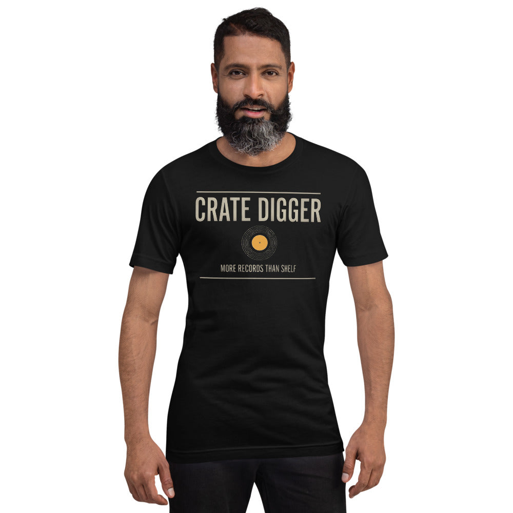 Crate Digger vinyl record tee — Black, on model