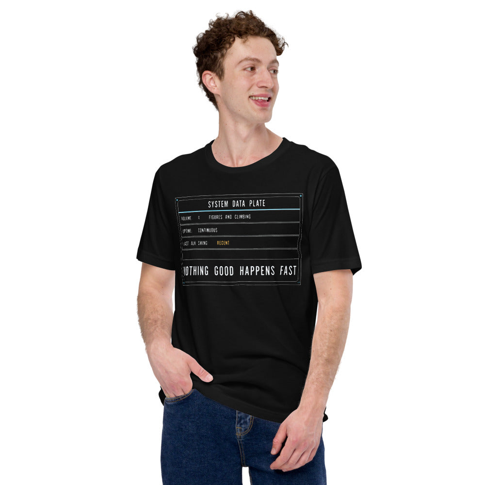 Nothing Good Happens Fast reef system data plate saltwater aquarium t-shirt — Black, on model