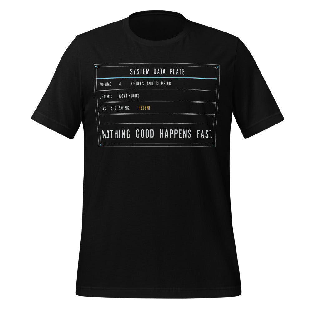 Nothing Good Happens Fast reef system data plate saltwater aquarium t-shirt — Black, front