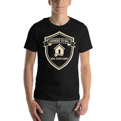 Licensed to Sell real estate agent tee — Black, on model