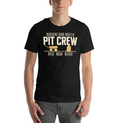 Pit Crew marching band booster t-shirt — Black, on model