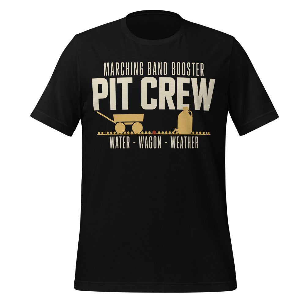 Pit Crew marching band booster t-shirt — Black, front