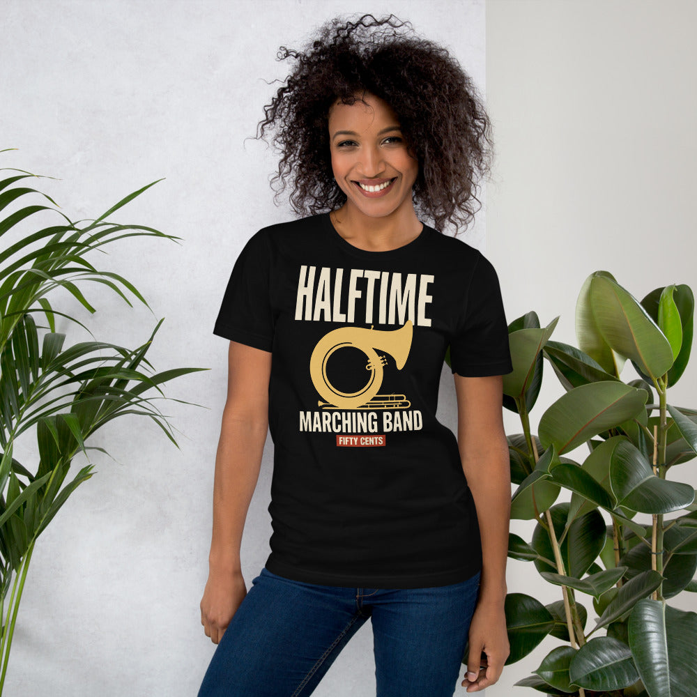 Official Halftime vintage marching band t-shirt — Black, on model