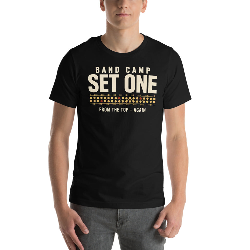 Set One marching band drill chart t-shirt — Black, on model