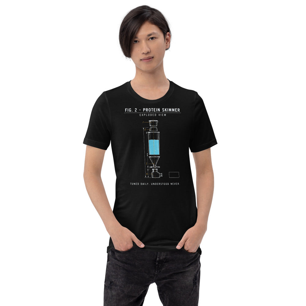 Protein Skimmer Exploded View reef tank saltwater aquarium t-shirt — Black, on model