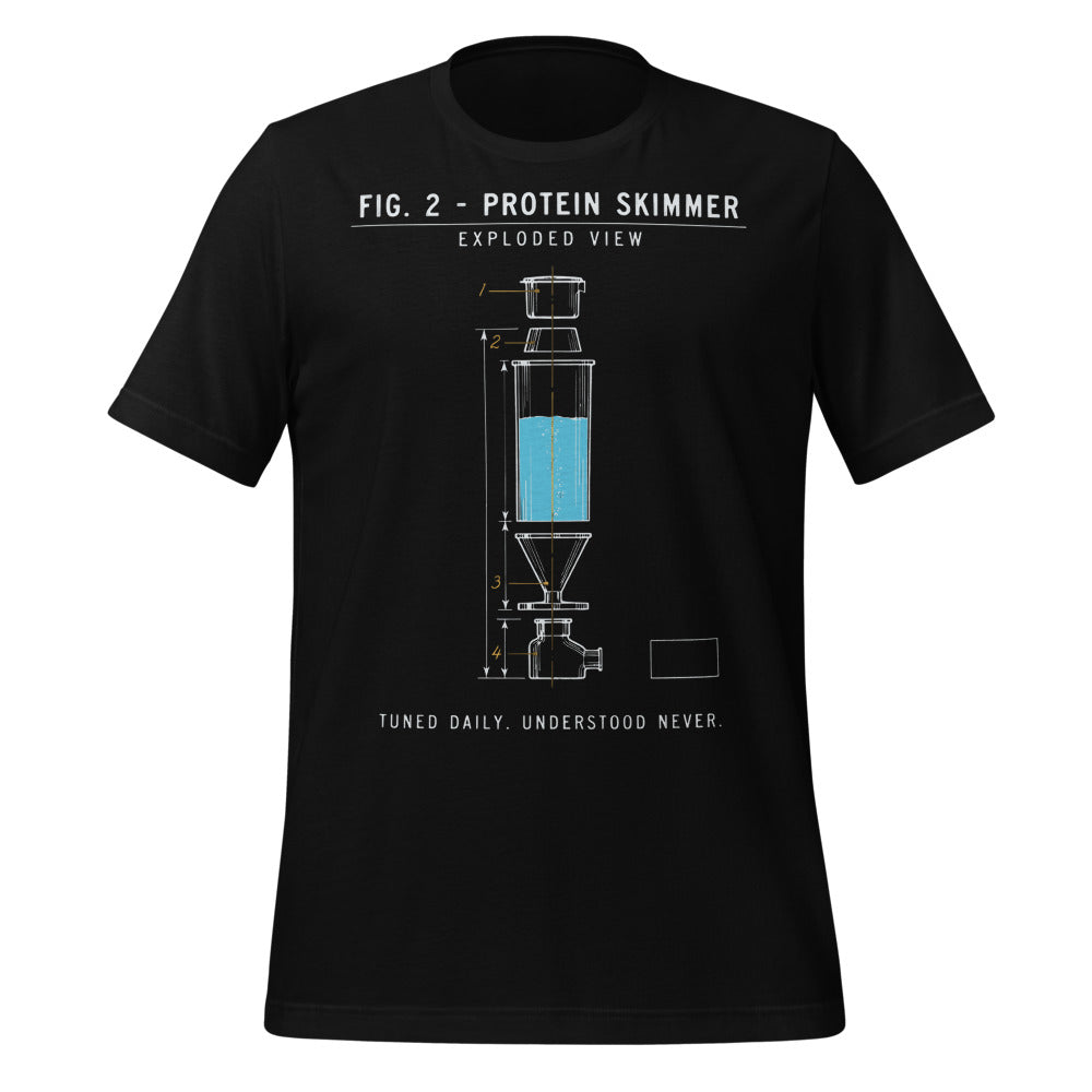 Protein Skimmer Exploded View reef tank saltwater aquarium t-shirt — Black, front