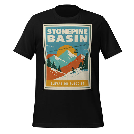 Stonepine Basin vintage ski resort t-shirt — Black, front