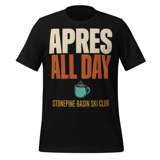 Après All Day Stonepine Basin Ski Club retro apres-ski t-shirt — Black, front