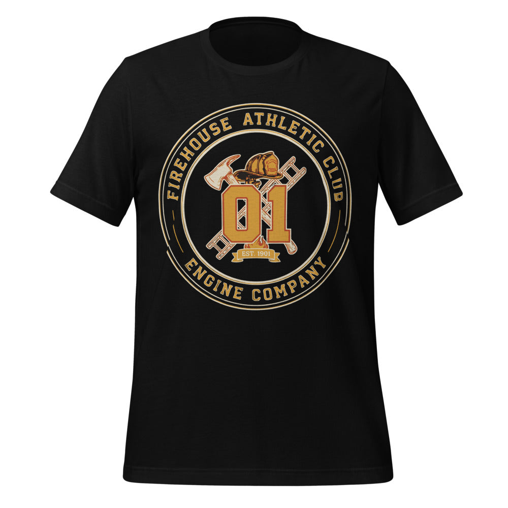 Firehouse Athletic Club retro firefighter emblem tee — Black, front