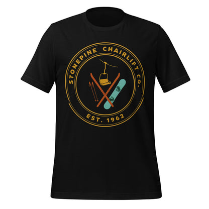 Stonepine Chairlift Co. retro vintage ski club badge t-shirt — Black, front