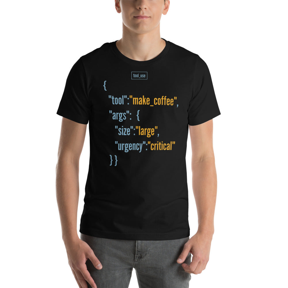 Tool Call Make Coffee AI engineer tee — Black, on model