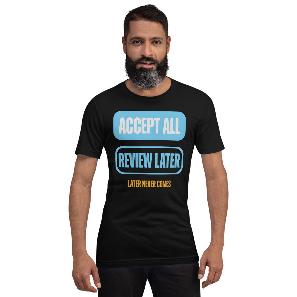 Accept All Review Later tee — Black, on model