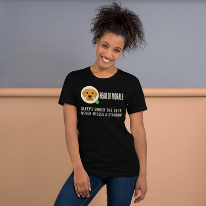 Head of Morale dog profile card unisex t-shirt — Black, on model