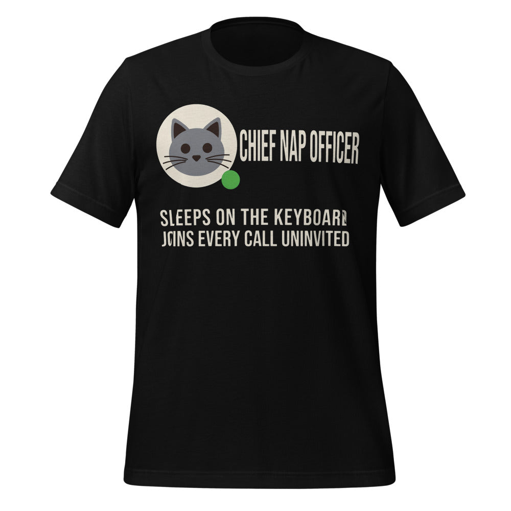 Chief Nap Officer cat profile card unisex t-shirt — Black, front