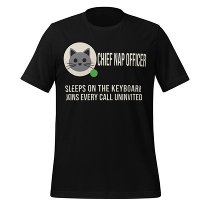 Chief Nap Officer cat profile card unisex t-shirt — Black, front