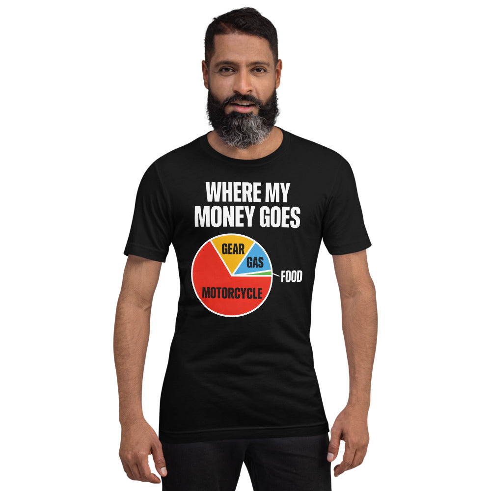Where My Money Goes funny motorcycle tee — Black, on model