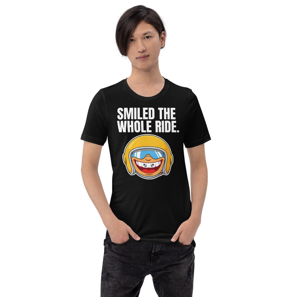 Smiled The Whole Ride funny motorcycle tee — Black, on model