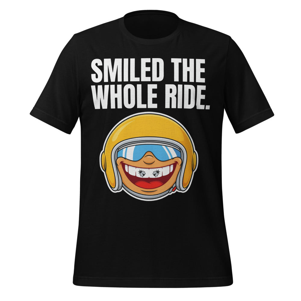 Smiled The Whole Ride funny motorcycle tee — Black, front