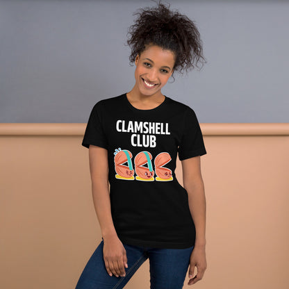Clamshell Club funny physical therapy tee — Black, on model