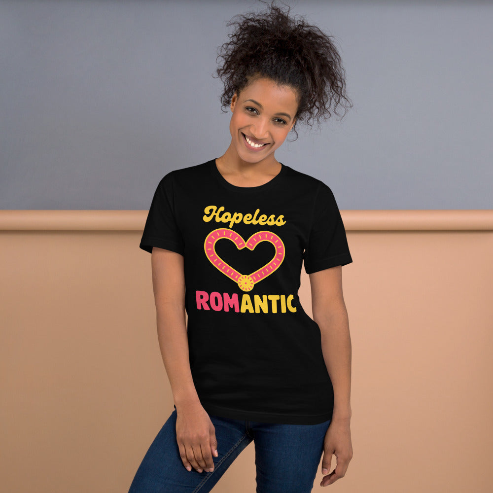 Hopeless ROMantic funny physical therapy tee — Black, on model