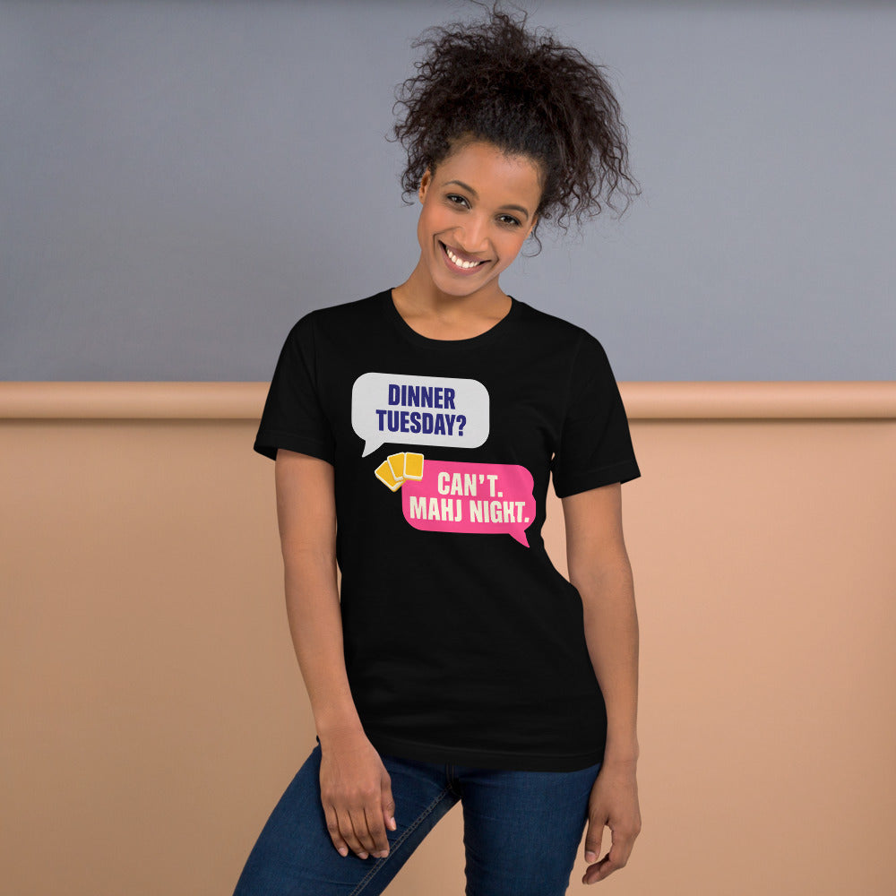 Mahj Night funny mahjong tee — Black, on model
