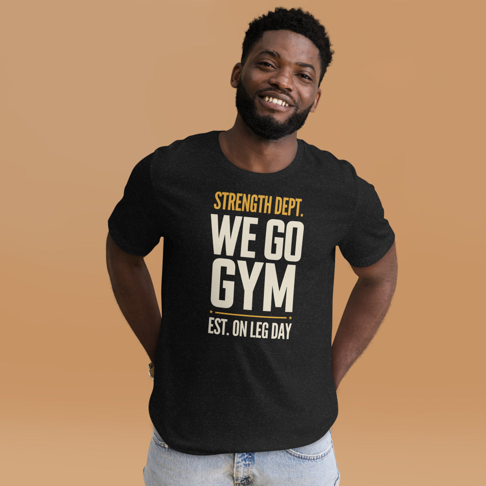 We Go Gym vintage athletic gym tee — Black Heather, model