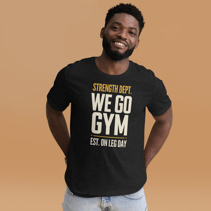 We Go Gym vintage athletic gym tee — Black Heather, model