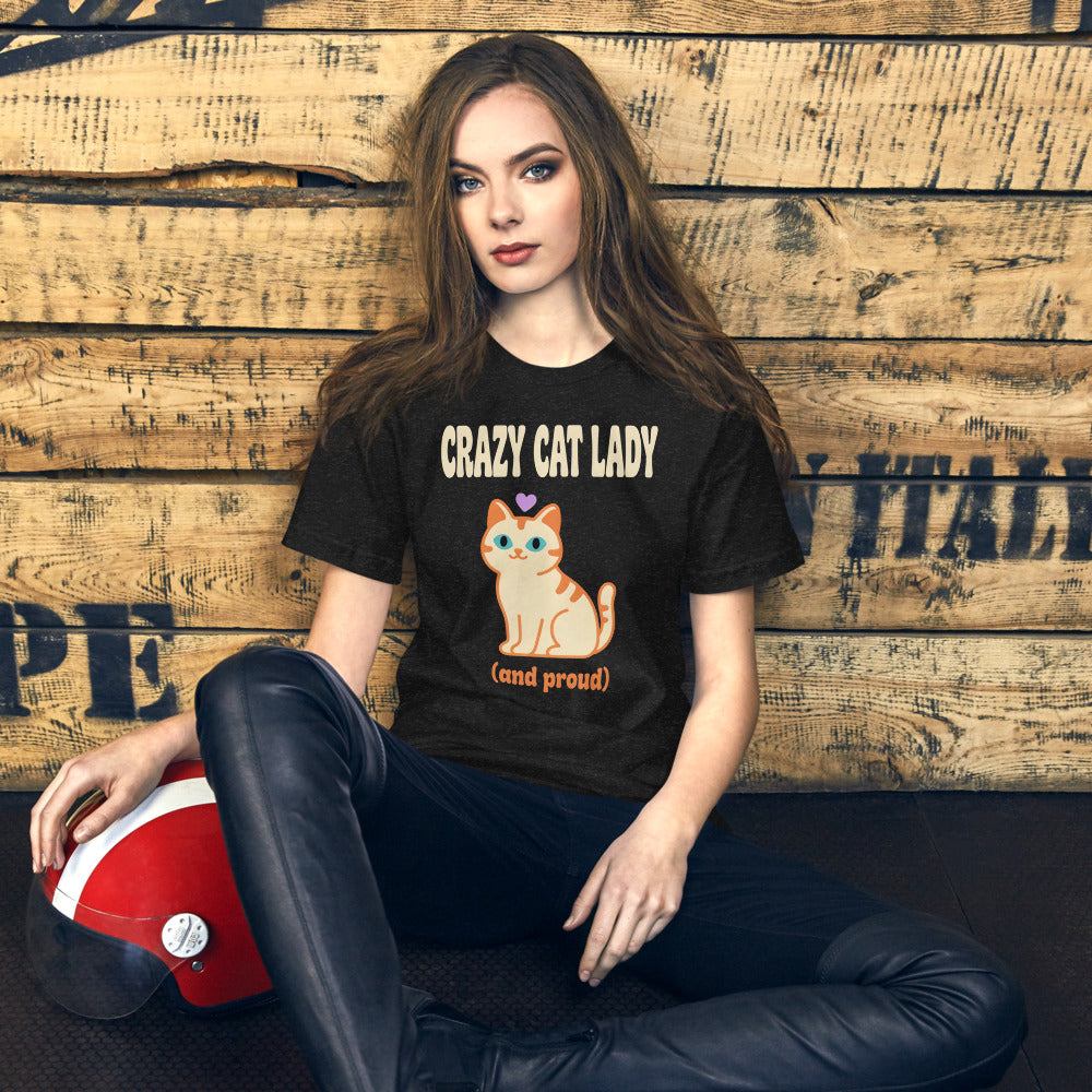 Crazy Cat Lady and Proud retro Y2K tee — Black Heather, on model