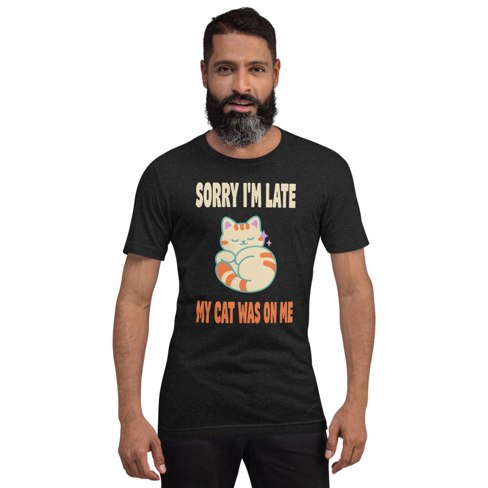 Sorry I'm Late My Cat Was On Me funny cat mom t-shirt — Black Heather, on model