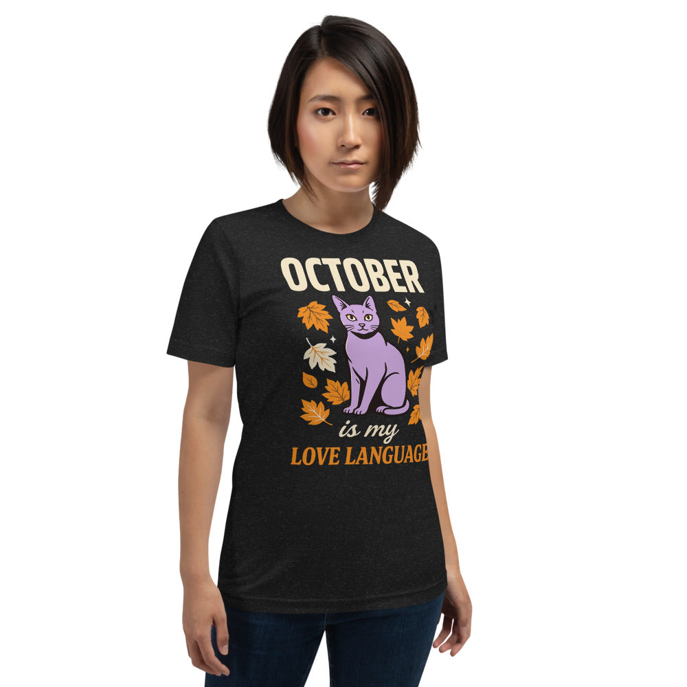 October Is My Love Language retro Halloween black cat tee — Black Heather, on model