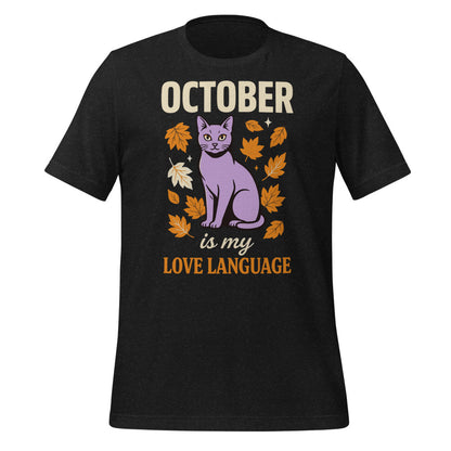 October Is My Love Language retro Halloween black cat tee — Black Heather, front