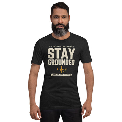 Stay Grounded funny electrician tee — Black Heather, on model