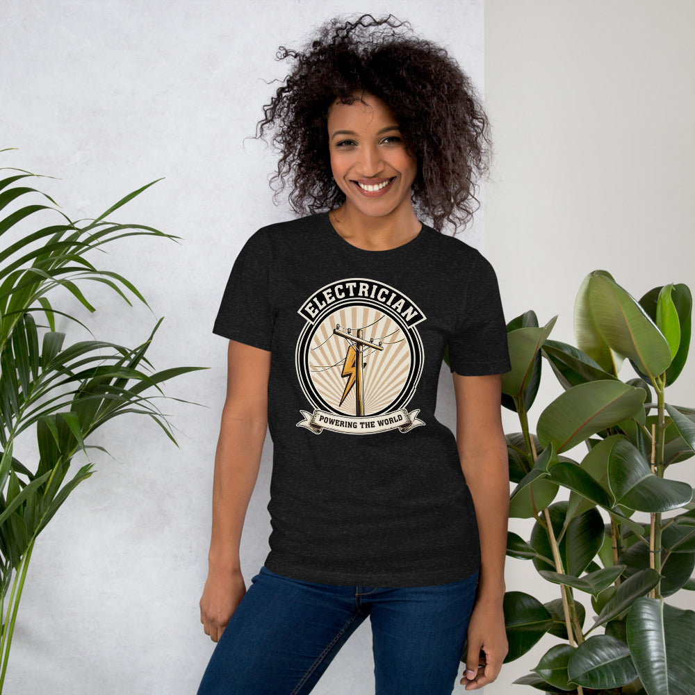 Powering The World electrician emblem tee — Black Heather, on model