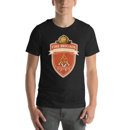 Fire Brigade Earned Not Given retro firefighter shield emblem tee — Black Heather, on model