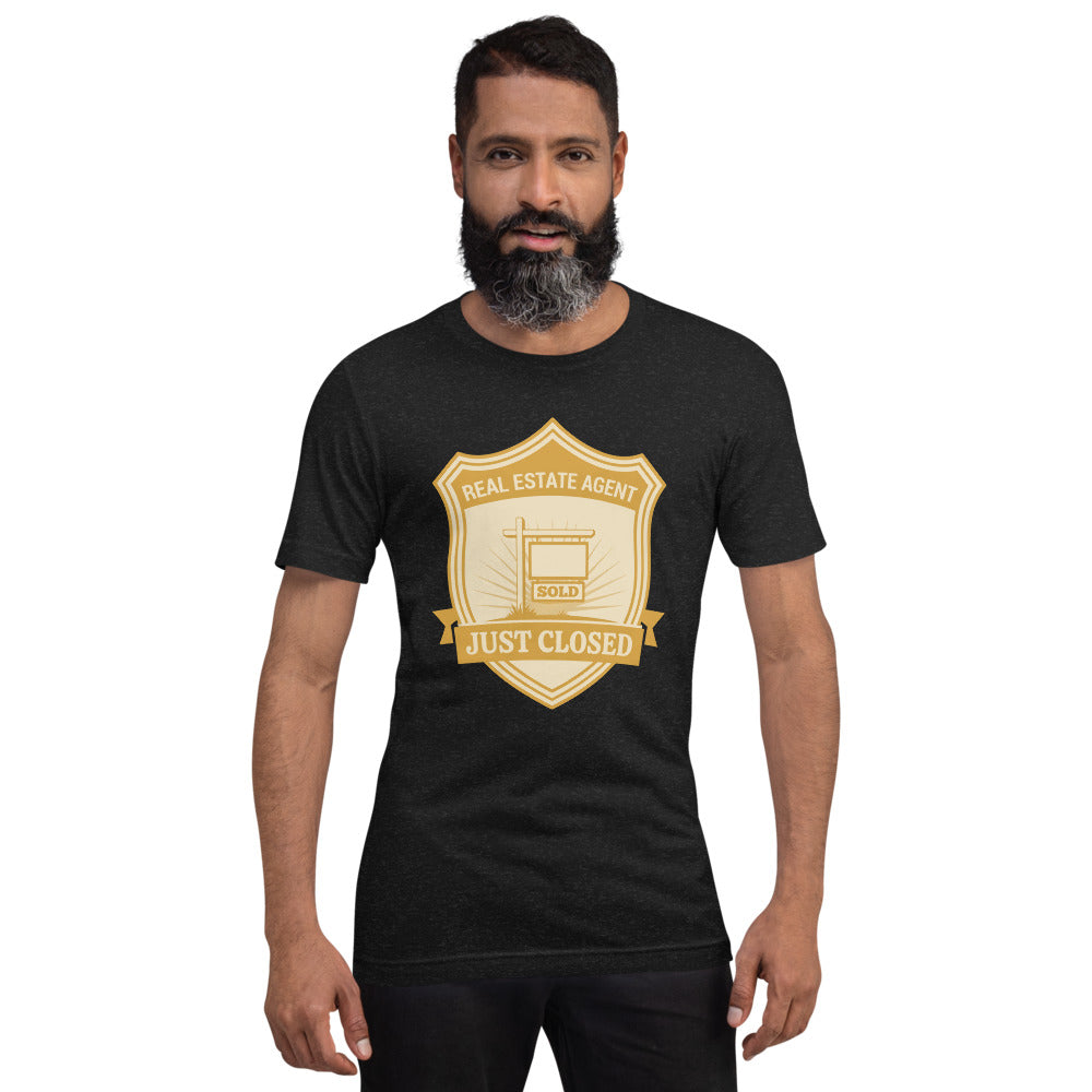 Just Closed real estate agent tee — Black Heather, on model