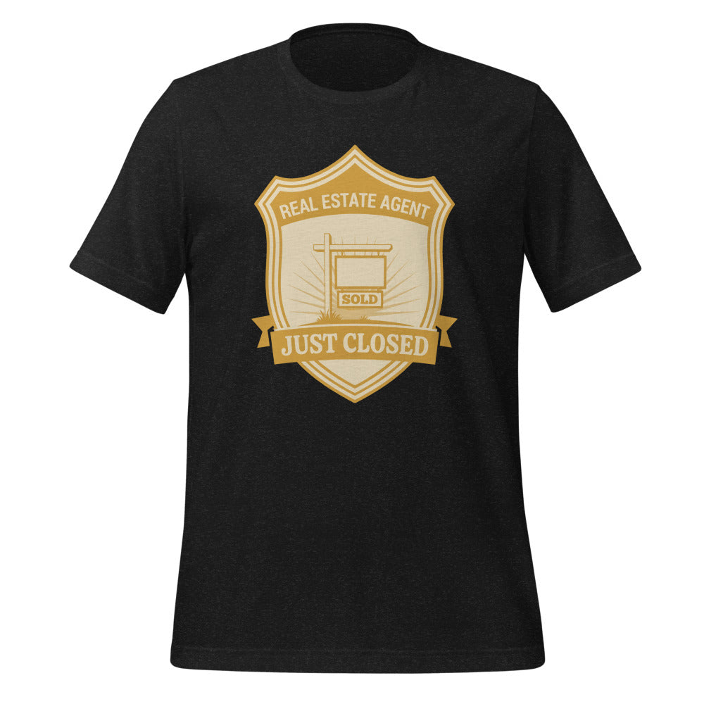 Just Closed real estate agent tee — Black Heather, front