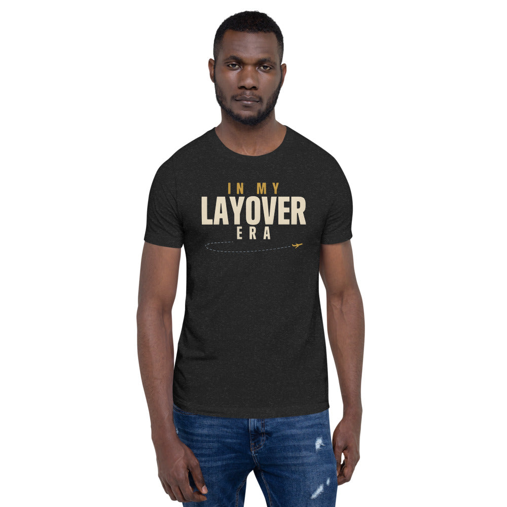 In My Layover Era flight attendant tee — Black Heather, on model