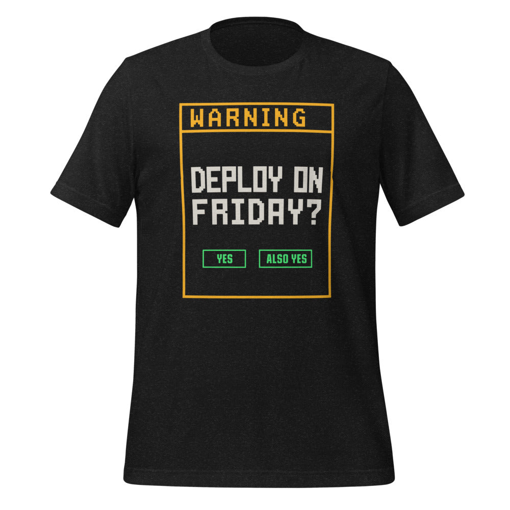 Deploy On Friday programmer tee — Black Heather, front