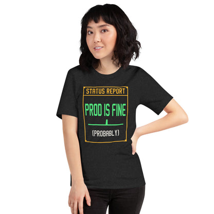 Prod Is Fine programmer tee — Black Heather, on model