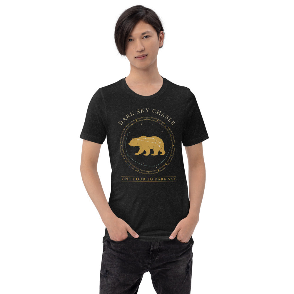Dark Sky Chaser Ursa Major constellation astronomy tee — Black Heather, on model