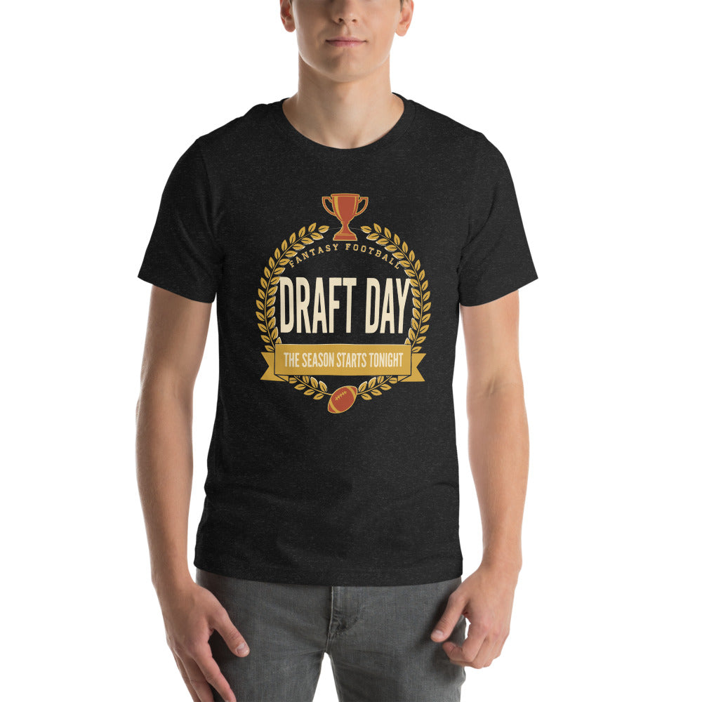 Draft Day Almanac vintage fantasy football draft tee — Black Heather, on model