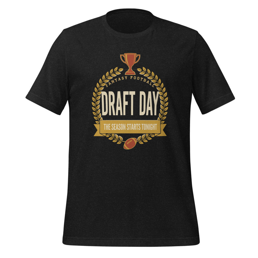 Draft Day Almanac vintage fantasy football draft tee — Black Heather, front