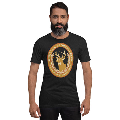 Whitetail Sporting Club vintage deer hunting tee — Black Heather, on model