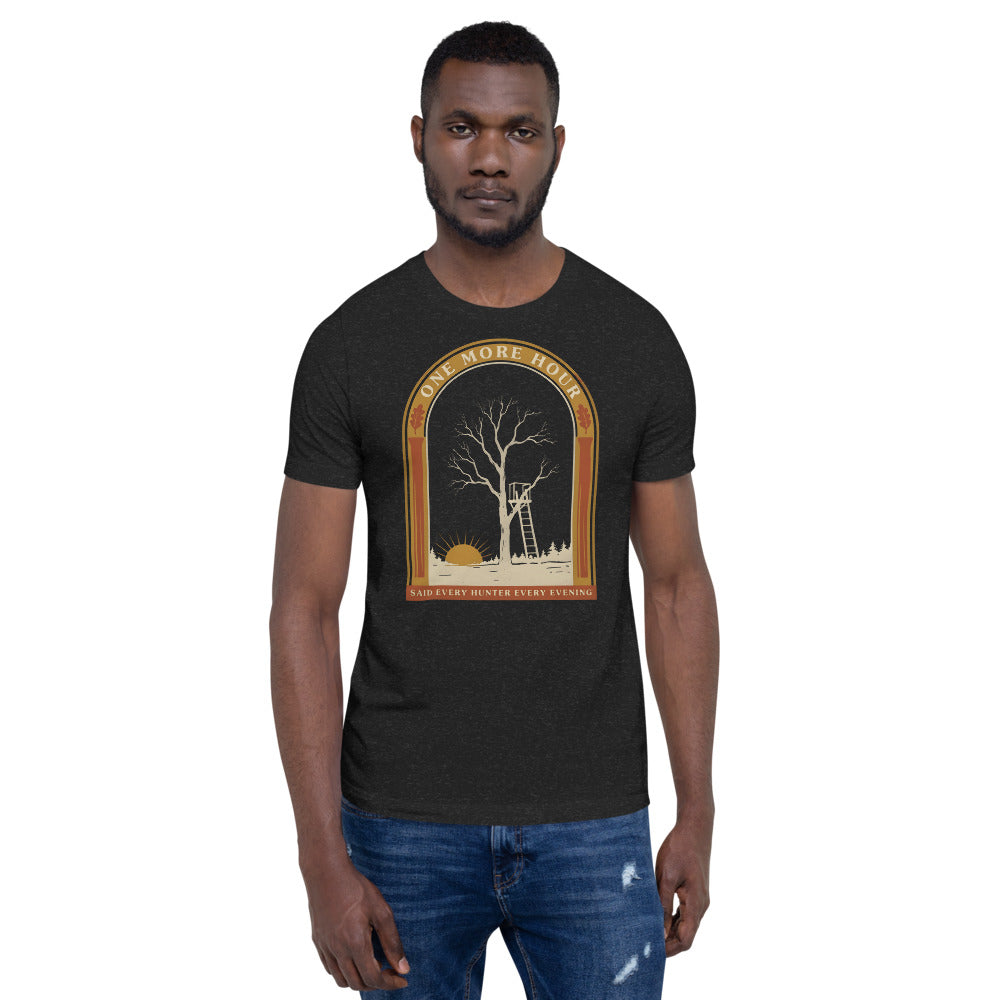 One More Hour funny deer hunting tee — Black Heather, on model